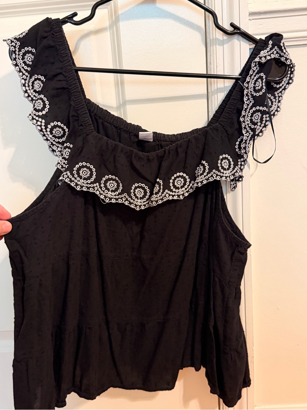 Old Navy Black Tank with White Embroidered Ruffle